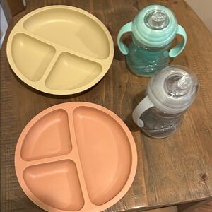 Kids Silicone Divided Plates Set - Cream and Orange with 2 sip cups. All new.